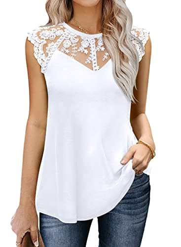 MIHOLL Women Casual Lace Tank Top Sleeveless Crewneck T Shirt Crochet Floral Blouse Tunics(White,Medium) - Image 1