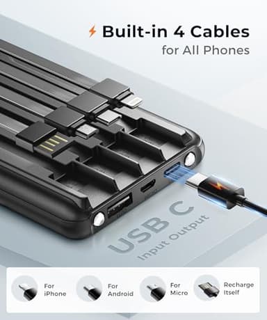 JOYFAR Portable-Charger-Power-Bank Travel Essentials Battery Pack USB C 10000mAh Built in Cable 22.5W Phone Fast Charging Powerbank Compatible with iPhone 16 15 14 13 12 11 iPad Samsung Google (Black) - Image 2