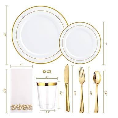 FOCUSLINE 350 Ct Disposable Dinnerware Set for 50 Guests -Heavy Duty Plastic Plates with Gold Rim, Includes 50 Dinner & Salad Plates, Cups, Napkins, Cutlery Set - Image 4