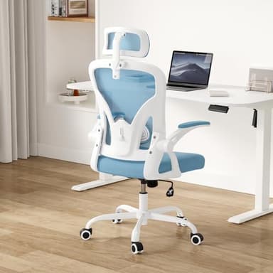 Farini Ergonomic Office Chair, Home Office Desk Chair with Headrest, High Back Computer Chair with Armrests and Adjustable Lumbar Support for Home Office Study Room, White & Blue - Image 8