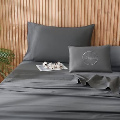 JSD 100% Cotton Sheet Set Queen, 300 Thread Count Dark Gray Sateen Sheets, Soft Breathable Cooling Sheets Deep Pocket - Image 1