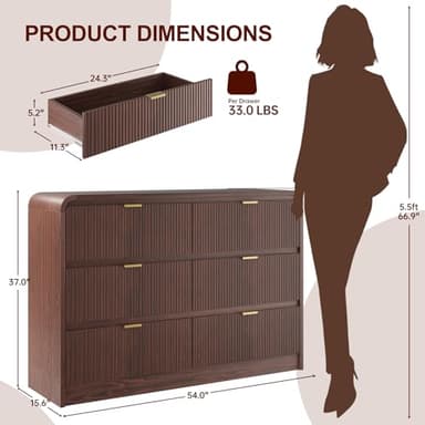 FURSUN Fluted 6 Drawers Dresser for Bedroom, 54" Wide Wooden Dresser with Metal Handle, Curved Profile Design, Modern Storage Organizer for Bedroom, Hallway (Walnut) - Image 2