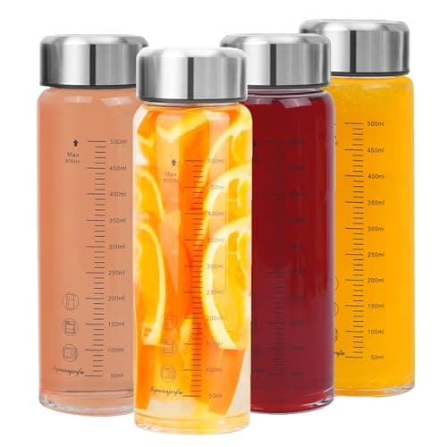 Glass Juice Bottles 4 Pack 20 oz - Wide Mouth Glass Water Bottles with Lids - for Juicing, Smoothies, Milk, Protein, BPA Free, Reusable, Stainless Steel Lids, Leak Proof, Shaker bottle (20oz/600ml) - Image 1