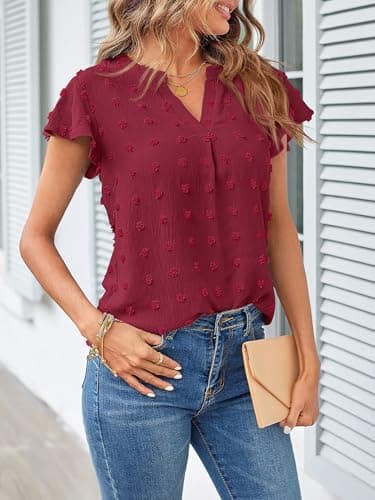 MEROKEETY Women Short Sleeve Notched V Neck Blouse Summer Casual Swiss Dot Boho Solid Top WineRed Large - Image 7