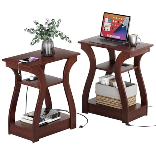 FROMJBEST End Tables Living Room Set of 2,Cherry End Table with Charging Station,Side Table, Nightstand for Bedroom, 3 Tier End Table with Storage Shelf for Living Room(Cherry) - Image 1