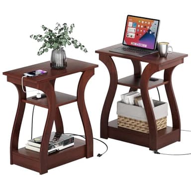 FROMJBEST End Tables Living Room Set of 2,Cherry End Table with Charging Station,Side Table, Nightstand for Bedroom, 3 Tier End Table with Storage Shelf for Living Room(Cherry) - Image 1