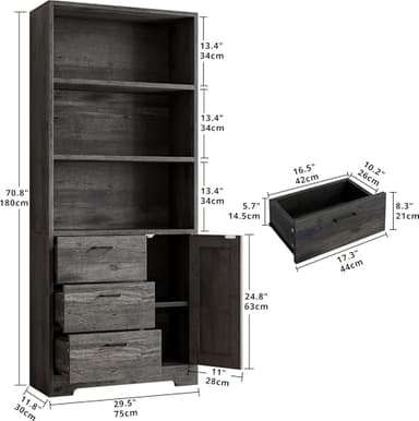 IRONCK Bookshelf with Door and 3 Drawers, 71in Tall Bookcase Shelf with 3-Tier Shelves, for Bedroom Living Room Entrance Hallway Home Office - Image 3
