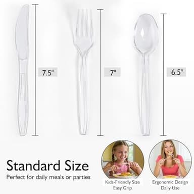 300 Count Heavy Duty Clear Plastic Silverware, Disposable Plastic Utensils Set, 100 Forks, 100 Spoons, 100 Knives, BPA-Free Heat Resistant Durable Plastic Cutlery Set for Party - Image 2