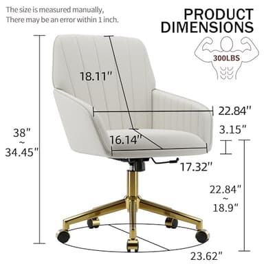 YISHENG Velvet Home Office Chair with Gold Base Upholstered Tufted Modern Height Adjustable 360 Degree Swivel Desk Chair with Wheels, Vanity Chairs for Living Room, Bedroom,Study Room (Cream) - Image 3