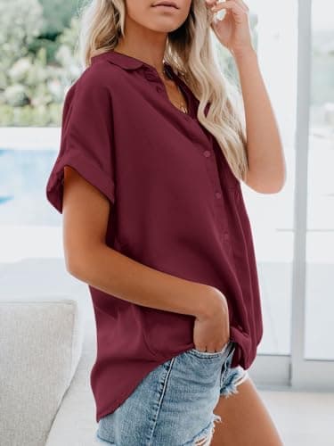 Womens Button Down Casual Shirts Cotton Short Sleeve Blouses Solid Summer Tops with Pocket Red Wine - Image 3