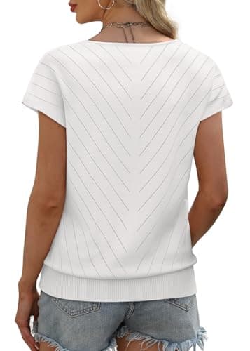 WIHOLL Short Sleeve Sweater for Women Trendy Womens Tops 2025 Summer V Neck T Shirts Cap Sleeve Beach Fashion Travel Outfits Vacation Clothes Ladies Tops Dressy Casual Lightweight Sweaters White M - Image 5