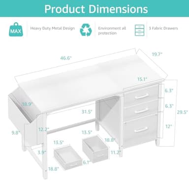 Lufeiya White Desk with Fabric File Drawers Cabinet, 47 Inch Reversible Computer Desk with Filing Cabinet for Bedroom Small Space Home Office, Modern Writing Table PC Desks, White - Image 3