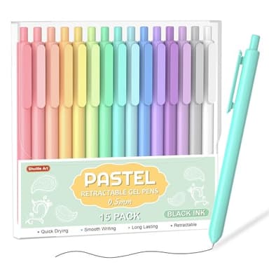 Shuttle Art Retractable Pastel Gel Ink Pens, 15 Pack Black Ink Pens, Cute Pens 0.5mm Fine Point for Writing Journaling Taking Notes School Office Home - Image 1