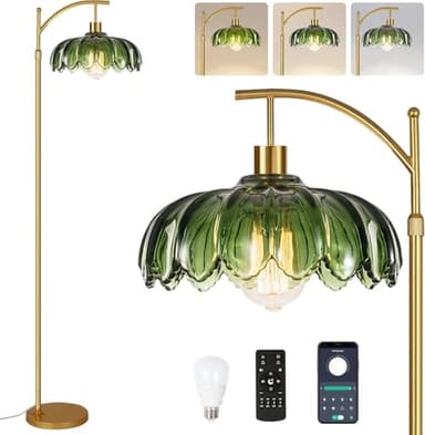 Gold Floor Lamps for Living Room,Glass Floor Lamp with Remote Control & Green Lampshade,Arc Flower Floor Lamp Dimmable Mid Century Modern Standing Lamp Vintage Brass Tall Lamp For Bedroom Corner - Image 1