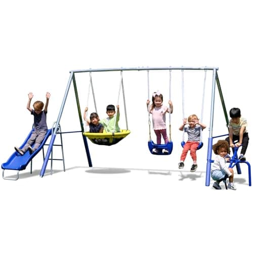 Sportspower Taylor Galvanized Metal Swing Set (6 Year Warranty): Blow Molded Swing+Standing Swing, Teeter Totter, Saucer Swing+5' Wavy Slide, EXCEEDS ASTM Standards*4pc Anchor Kit* - Image 1