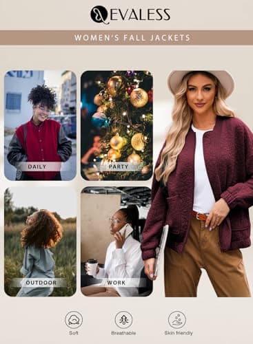 EVALESS Spring Bomber Jackets for Women Dressy Casual Summer Clothes Trendy 2025 Holiday Outfits Cute Jacquard Jackets Long Sleeve Zip Up Cropped Red Jeacket Lightweight Coat with Pockets, Medium - Image 7