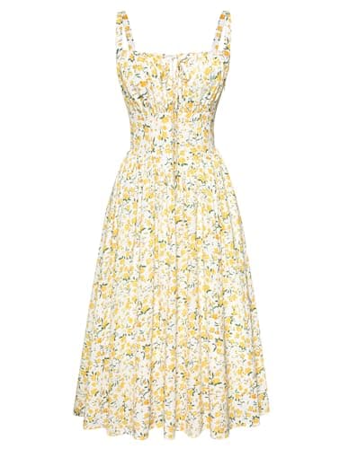 Scarlet Darkness Floral Corset Dress for Women Ruched Bust Flowy Summer Cottage Core Dress White Yellow Floral XL - Image 1