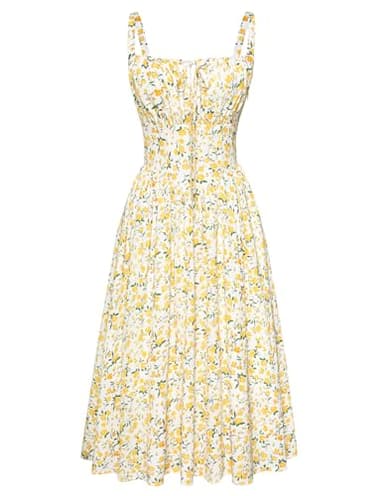 Scarlet Darkness Floral Corset Dress for Women Ruched Bust Flowy Summer Cottage Core Dress White Yellow Floral XL - Image 1