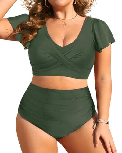 Daci Plus Size Two Piece Swimsuits - High Waisted Bikini with Sleeves for Women Bathing Suit Swimwear Green 18 Plus - Image 1