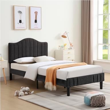 VECELO Twin Bed Frame, Upholstered Platform Bed with Sheepskin Fabric Adjustable Headboard/Strong Wood Slats Supports/7.9'' Under Bed Storage Space/Noise Free/No Box Spring Needed, Dark Grey - Image 8