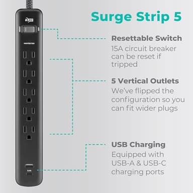 KMC 5-Outlet Surge Protector Power Strip, 1 USB-A & 1 USB-C Port, 840J Surge Protectors, 6ft Braided Extension Cord, Flat Plug, Black Power Strip Surge Protector, ETL/UL Certified Power Strips, Black - Image 2