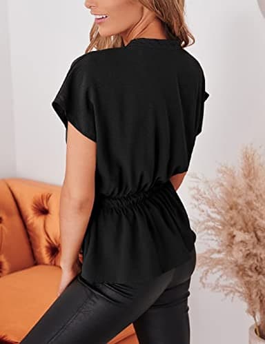 Womens Button Down Blouses Casual Peplum Summer Tops Dressy Chiffon Work Blouse Black - Image 2