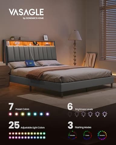 VASAGLE LED Bed Frame Queen Size, Storage Headboard and Charging Station, Queen Bed Frame with 2 AC Outlets, 1 USB Port, 1 Type-C Port, No Box Spring Needed, Dove Gray and Camel Brown URMB841G01 - Image 3