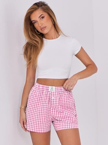 ANRABESS Boxer Shorts for Women Gingham Pajama 2025 Summer Casual Lounge Sleep Plaid Shorts Y2K Beach Bottoms Hot Pink White Plaid X-Large - Image 6