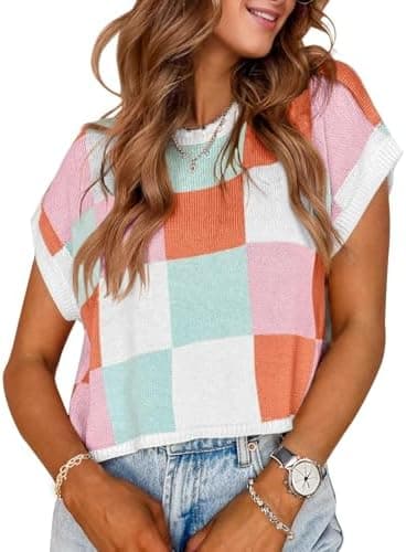 Womens Spring Crop Tops 2026 Cap Short Sleeve Sweater Vest Loose Shirts Summer Vacation Outfits Cute Trendy Top - Image 3