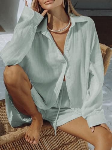 Fixmatti Button Down Lounge Sets for Women Long Sleeve 2 Piece Outfits Oversized Shirt Mini Shorts Crab Green M - Image 2