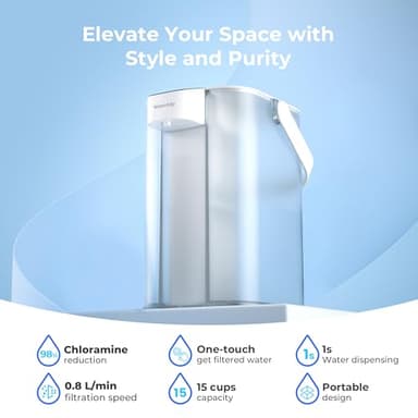 Waterdrop 98% Chloramine Reduction Electric Water Filter Pitcher, Rechargeable Water Dispenser, Instant 200-Gallon 15-Cup Countertop Purifier, NSF/ANSI 42, Reduce Lead, PFAS, White, with 1 Filter - Image 2