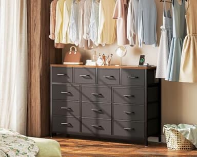 Casaottima Dresser for Bedroom with Charging Station, 55" Long Dresser with 13 Storage Drawers, Large Fabric Dressers Chests of Drawers with Shelves, Black and Vintage - Image 7