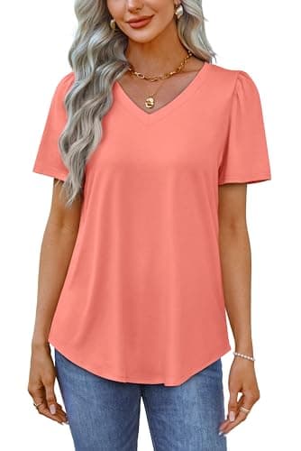 OFEEFAN T Shirts for Women Short Sleeve Pleated Summer Tops Loose Fit V Neck Oversized Tee Shirts Coral 2XL - Image 4