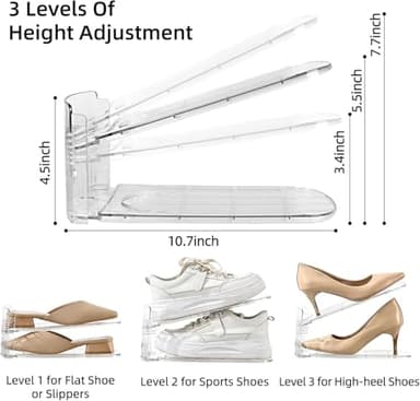 Uni HIMO shoe slots organizer, Clear Shoe Stacker, Adjustable Level Shoe Rack,Storage Space Saver for Sneakers Display (Transparent, 10Pack) - Image 2