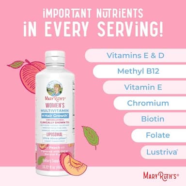 MaryRuth Organics Women's Multivitamin+Lustriva Hair Growth Liposomal | Biotin 10000mcg | Clinically Tested for Thicker Hair, Wrinkles, Fine Lines, Skin Care with Ashwagandha&Maca Root | 15.22 Fl Oz - Image 7