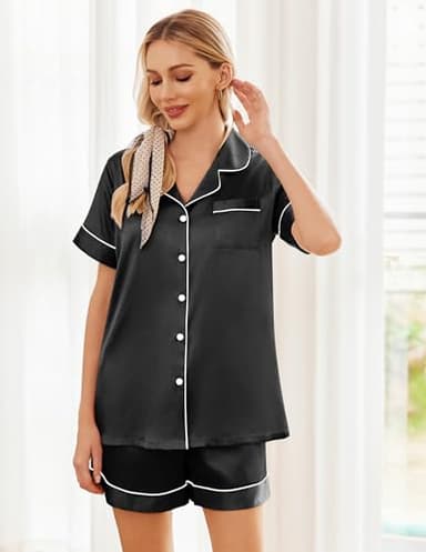 Ekouaer Pajamas for Women Set Silk Pjs Short Sleeve Button Down Sleepwear Top and Shorts Satin 2 Piece Lounge Set,Black,L - Image 4