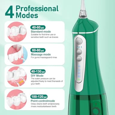 Water Dental flosser for Teeth Cleaning - Rechargeable Cordless Oral Irrigator 4 Modes 6 Tips IPX 7 Waterproof Portable Teeth Cleaner Pick for Home Trave(Green) - Image 2