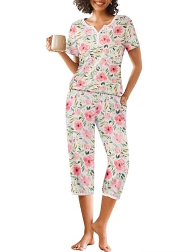 Ekouaer Womens Pajama Sets Short Sleeve Sleepwear Top and Capri Pants 2 Piece Loungewear With Pockets, White/Pink/Flower, X-Large - Image 1