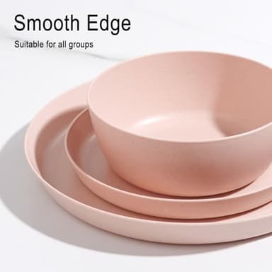 EI 12pcs Pink Wheat Straw Plates,Wheat Straw Dinnerware Set for 4,Plates and Bowls Sets,Plastic Plate Reusable,Unbreakable Plastic Plate Melamine,Camping Family Dishes Set - Image 3