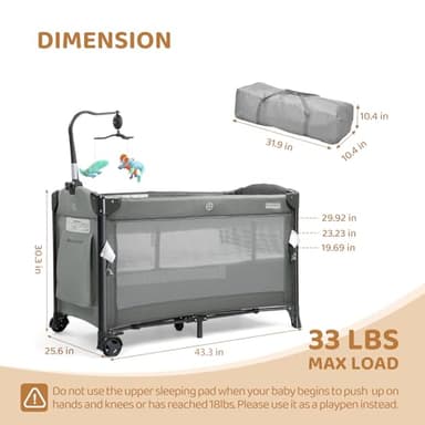 JOYMOR Baby Bedside Bassinet, Baby Bassinet, Pack n Play Convert Playpen, Quick Foldable Travel Bed with Wheels & Brake, Carry Bag for Boys Girls (Gray) - Image 8