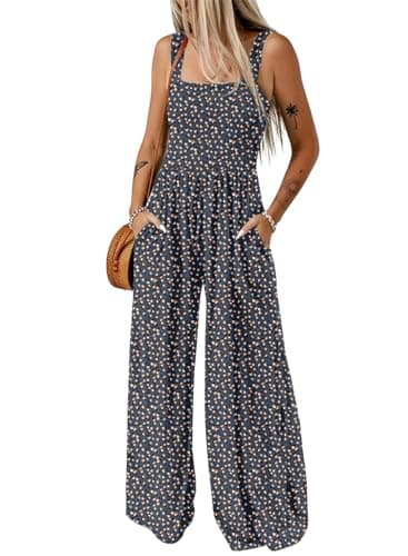 Dokotoo Womens Overalls Jumpsuits for Women Casual Loose Fit Solid Color Wide Leg One Piece Sleeveless Jumpsuit Printed Long Pant Rompers with Pocket Blue Medium - Image 1