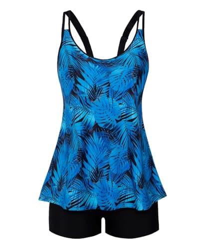 Arolina Women's Tankini Swimsuits Scoop Neck Adjustable Straps Bathing Suit Fashionable Beach Tankini Sets Blue Leaves Large - Image 1