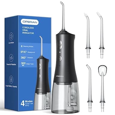 Operan Water Flosser for Teeth Cleaning Upgraded 300ml Cordless Water Dental Flossers Rechargeable Oral Irrigator with 4 Modes 4 Jet Tips IPX7 Waterproof Water Floss for Home Travel (Black)+1Pack - Image 1