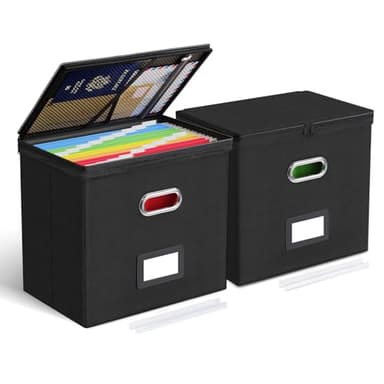 Oterri 2 Pack File Organizer Boxes with Lids, File Box with Mesh Pockets, Document Organizer Box for File Folders Letter Size, Zippers Filing Box for Home, Office, School (Black, Without Folders) - Image 1