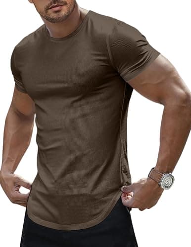 JMIERR Mens Short Sleeve T Shirt Muscle Slim Fitted Henley Shirt Crewneck Longline Tees Shirts for Gym Workout Athletic, US 46(XL), Brown - Image 1