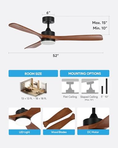 VONLUCE Ceiling Fans with Lights, 52 Inch Ceiling Fan and Remote, 6 Speed Reversible Noiseless DC Motor, 3CCT, Wood Ceiling Fan for Outdoor Indoor Farmhouse Patios, Walnut - Image 8