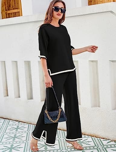 Tanming Sweater Sets Women 2 Piece Lounge Sets Short Sleeve Knit Pullover Tops Wide Leg Pants (Black-XL) - Image 2