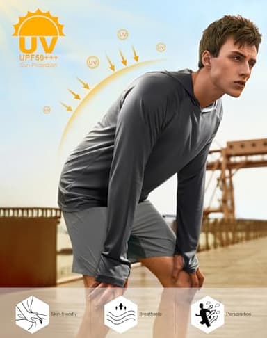 isnowood Sun Shirt UPF 50+ Men's Fishing Long Sleeve UV Protection Hoodie Hiking Rash Guard Swimming Running Light Blue Dark Grey - Image 3