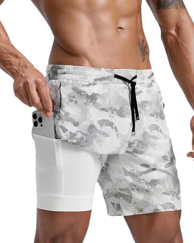 maamgic Men's Athletic Running Shorts with Liner Ultra Lightweight Workout Shorts 7" Quick Dry Gym Shorts with Zipper Pockets Gray Camo Medium - Image 2