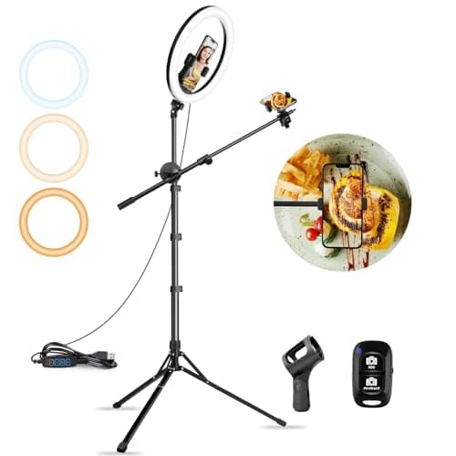 Aureday 12" Overhead Ring Light with Stand, Dimmable Ringlight with Phone & Mic Holder, 62" Adjustable Tripod for Video Recording, Live Streaming, Tiktok, YouTube, Makeup, Cooking - Image 1